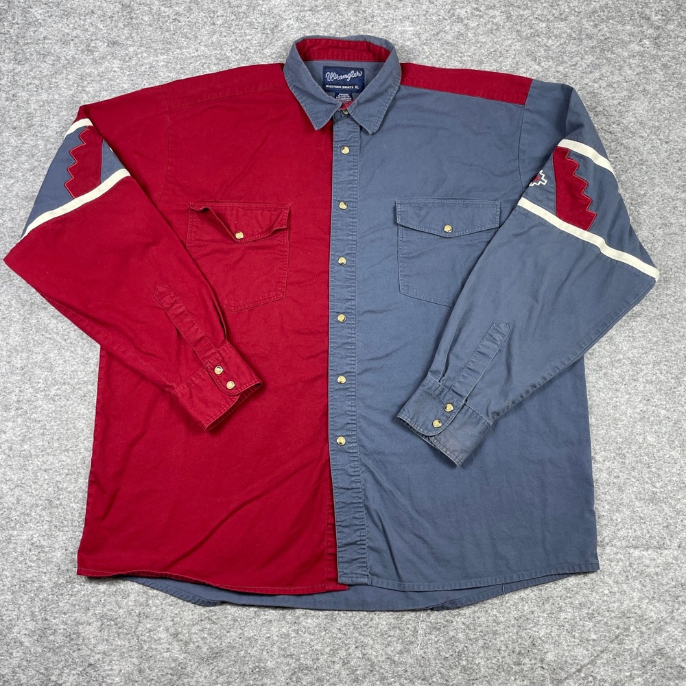 Vintage Wrangler Western Shirt Mens XL Red Blue Colorblock Aztec Pearl Snap 90s
